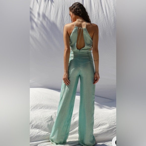 Jen’s Pirate Booty Avalon Jumpsuit Dusty Turquoise Halter  Side Cut Out Small - Picture 3 of 6